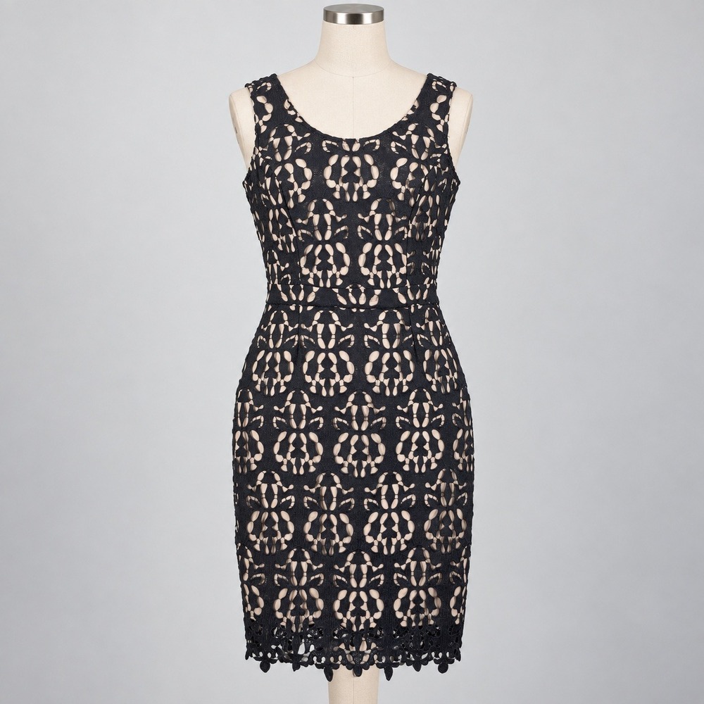 Black Floral Lace Sheath wedding Guest Cocktail Dress Banana Republic 6 Lined